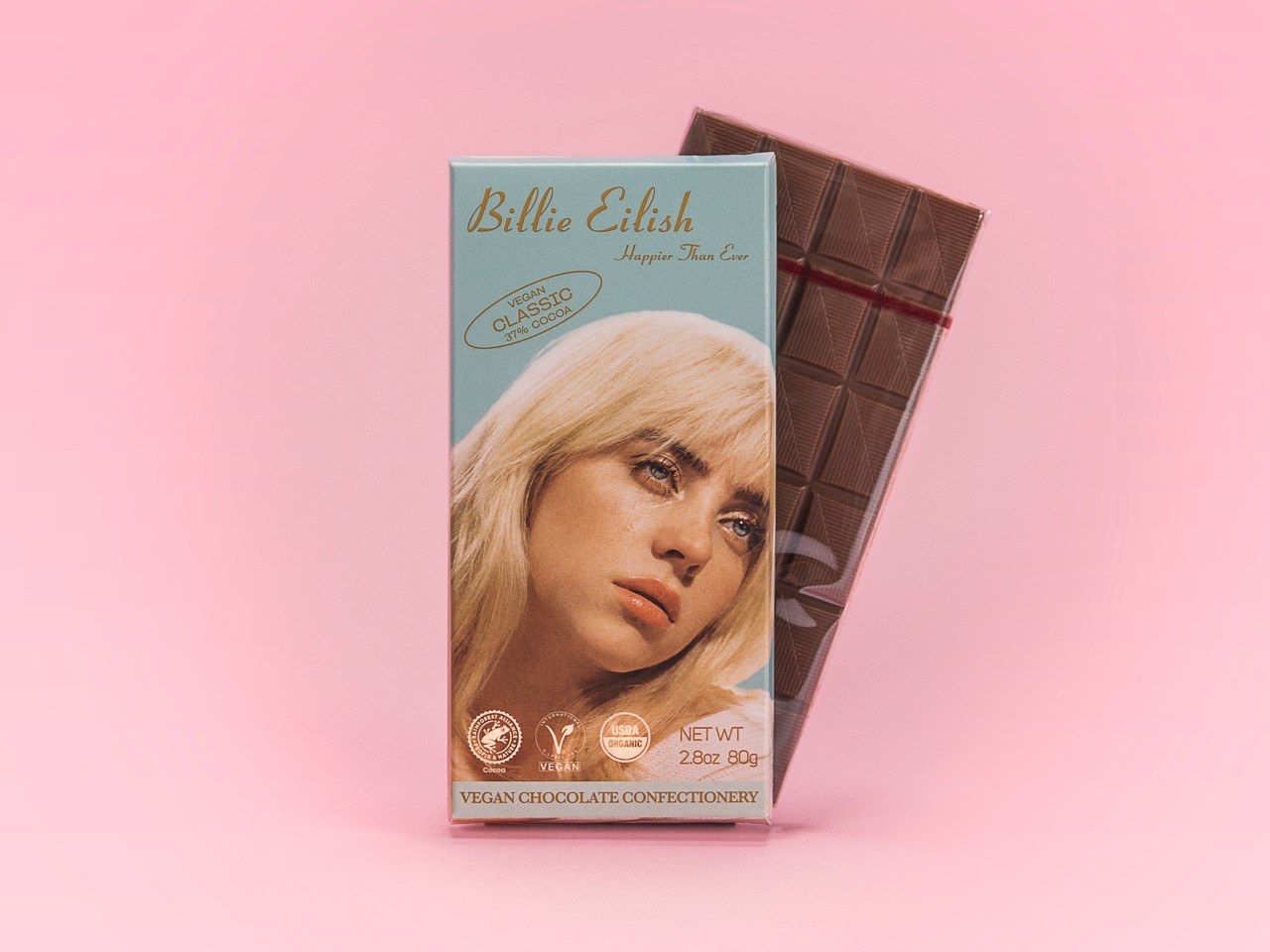 Vegane iChoc Schokolade als Limited Edition für Billie Eilish – produziert von der EcoFinia GmbH in Bochum.