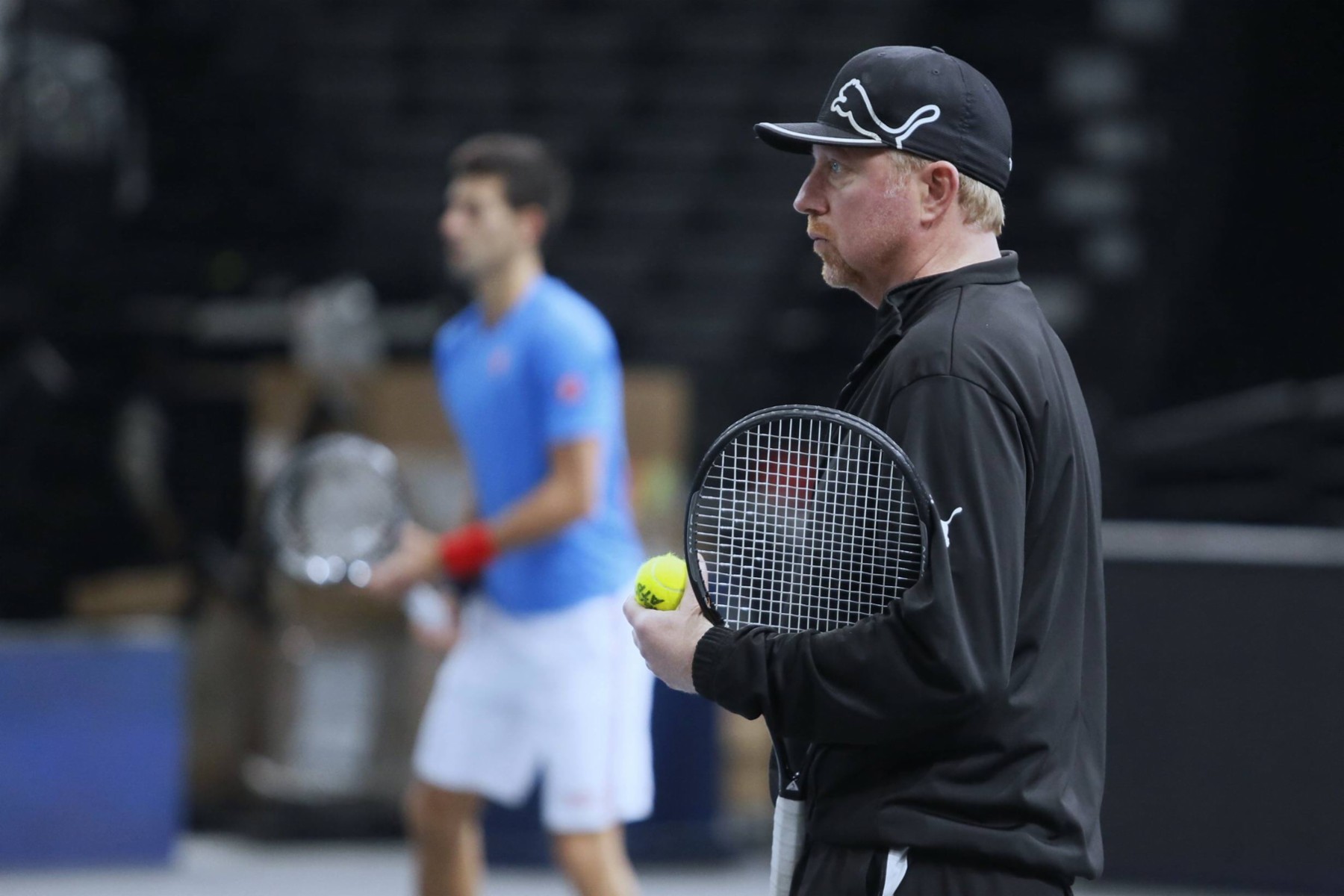 Novak Djokovic und Boris Becker trainieren für die BNP Paribas Masters.