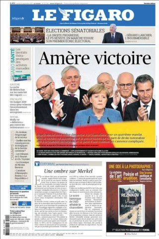 Die Bundestagswahl ist das bestimmende Thema in den Zeitungen, in Deutschland und vielen anderen Ländern. Für die konservative französische Zeitung „Le Figaro“ ist der Wahlsieg Angela Merkels ein bitterer (amère).
