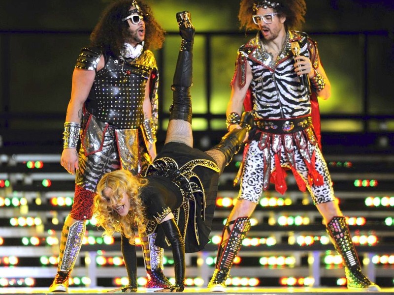Madonna performs during the Super Bowl XLVI half-time show on February 5, 2012 at Lucas Oil Stadium in Indianapolis, Indiana. AFP PHOTO / TIMOTHY A. CLARY