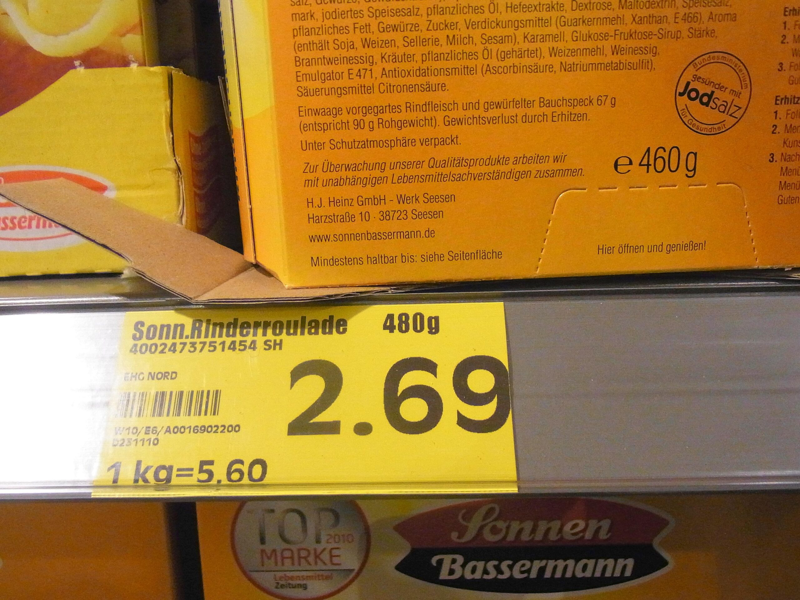 Rinderroulade mit Kartoffelpürree und Rotkohl - früher 480 Gramm, heute 460 Gramm. Der Preis laut Verbraucherzentrale: 2,69 Euro.