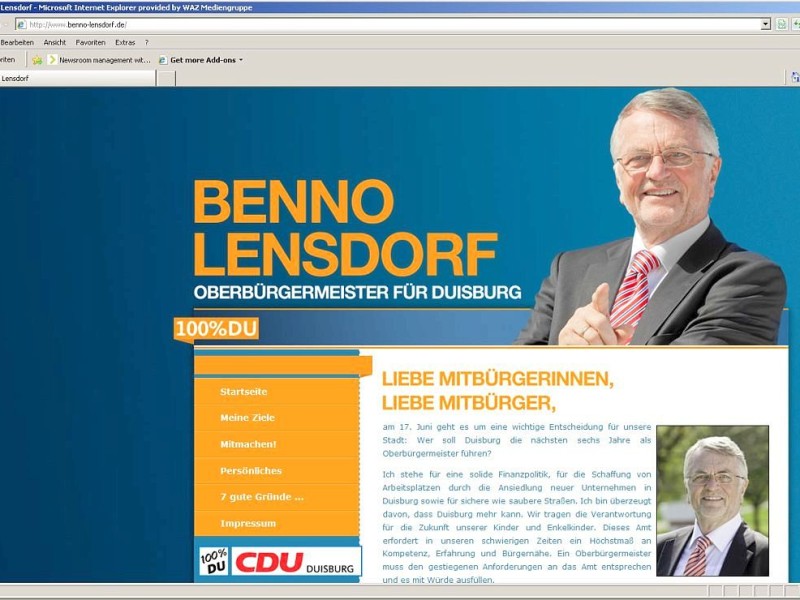 Lensdorf, hier auf seiner Homepage, ist zwar gebürtiger Essener, aber 100 Prozent Duisburger - und vor allem: ...