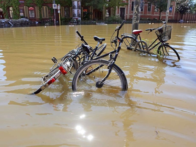 Diese Fahrräder sind im Hochwasser untergegangen auf dem Robert-Franz-Ring in Halle (Sachsen-Anhalt).