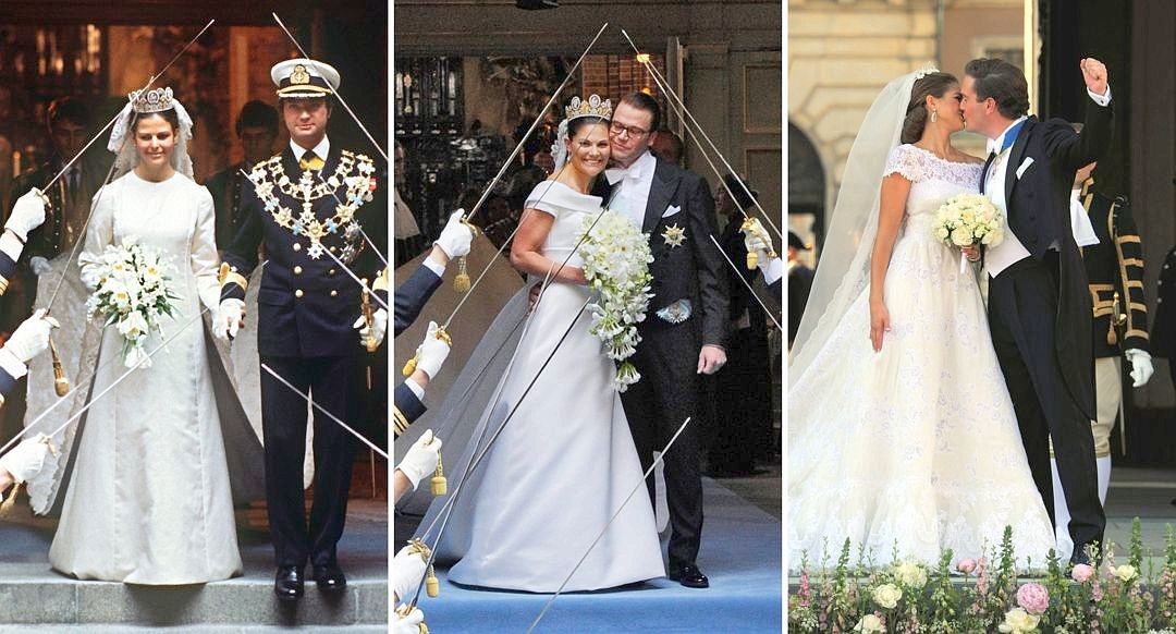 Königliche Hochzeiten in Schweden: König Carl Gustaf von Schweden mit seiner Braut Silvia nach der Trauung am 19. Juni 1976, Kronprinzessin Victoria mit Prinz Daniel nach ihrer Hochzeit am 19. Juni 2010 und Prinzessin Madeleine mit ihrem Ehemann Chris O'Neill nach der Trauung am 8. Juni 2013 (v.l.).