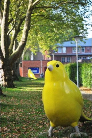 Die gelben Vögel nah der Haltestelle stehen seit Ruhr 2010 hier und sind eine Reminiszenz an die Kanarienvögel, die einst die Bergleute untertage vor Luftmangel warnten. Jetzt weisen sie u.a. den Weg zum...