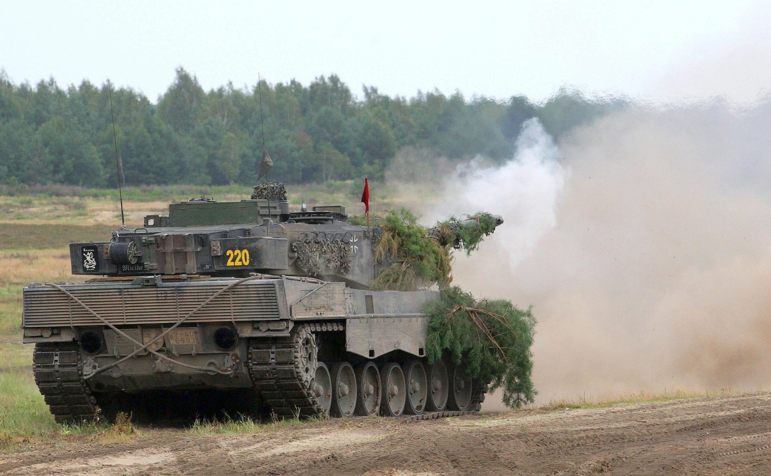 Die Hauptwaffe aller Leopard 2-Panzer, die mit vier Soldaten besetzt sind, ist eine 120 Millimeter-Kanone. Mit ihr lassen sich während der Fahrt Ziele bekämpfen, die bis zu 2.500 Meter entfernt sind. Dank eines Motors...