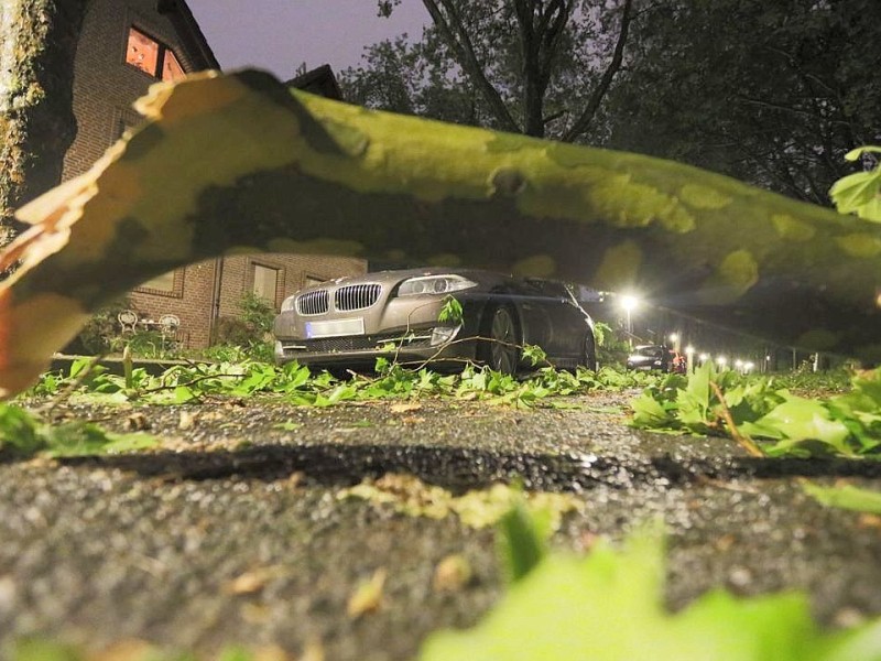 Starke Unwetter über NRW und dem Ruhrgebiet in Oberhausen: An vielen Bäumen sind Äste abgebrochen, die Straßen sind mit abgegrochenen Ästen bedeckt.