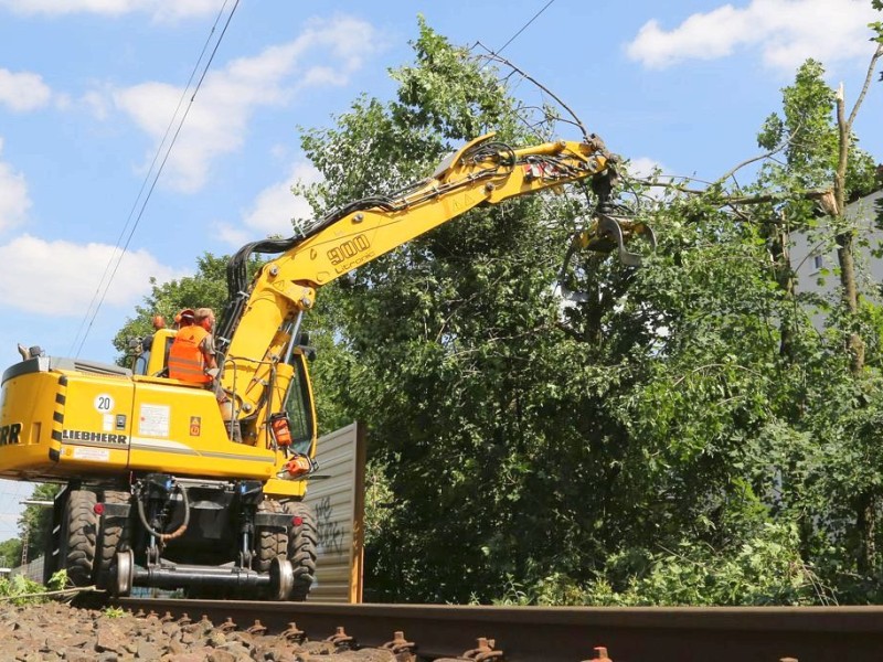 Schienenarbeiter der Deutschen Bahn beseitigen am 12.06.2014 mit einem Bagger umgestürzte Bäume von Bahngleisen in Essen . Foto: Marcel Kusch