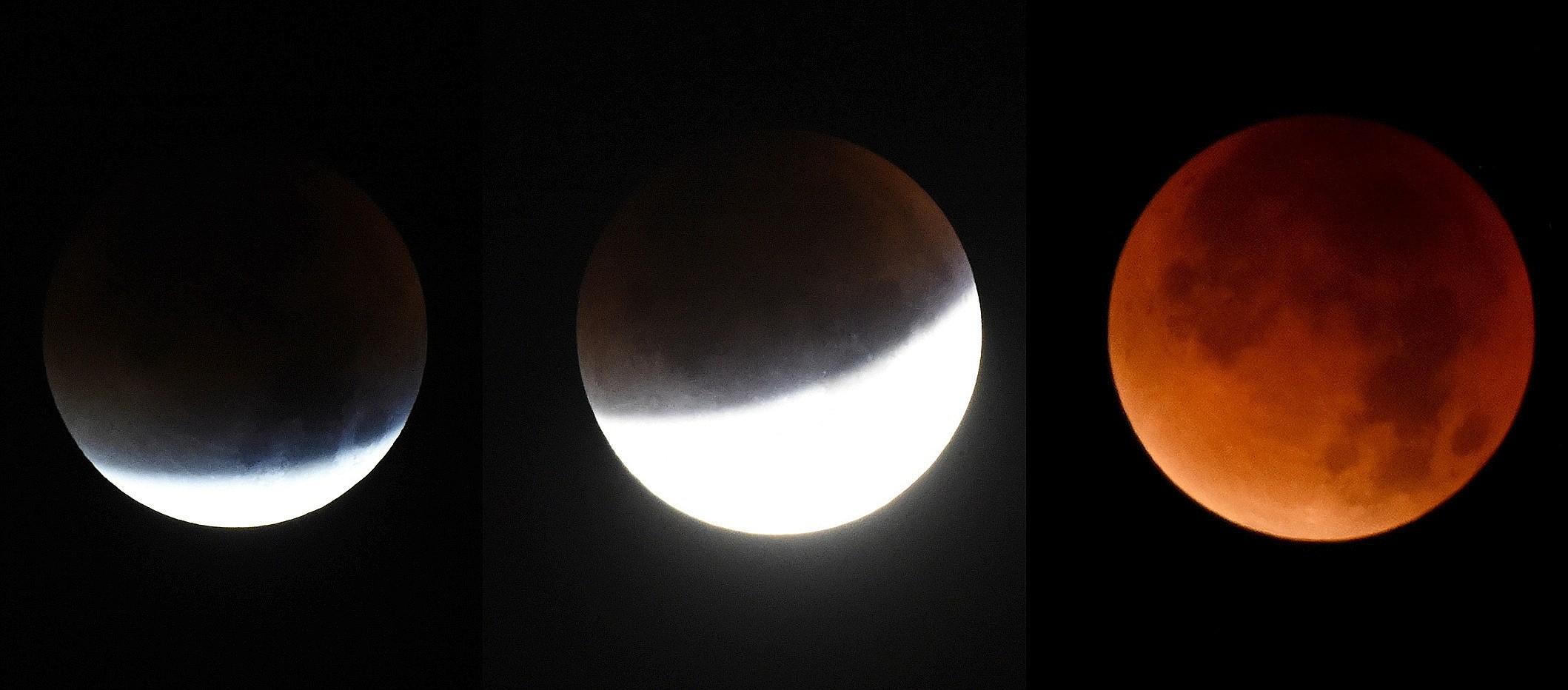 Bei dieser totalen Mondfinsternis (hier eine Bildkombo aus Schleswig-Holstein) bekommt der Mond kein direktes Sonnenlicht ab, sondern nur...