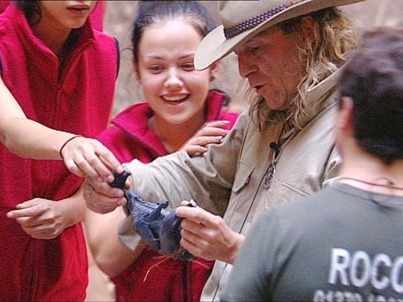 Vincent Raven präsentiert Rocco Stark das Seidenhuhn, das Kim Debkowski (li.) mit einem ihrer vier Sterne bei der Dschungelprüfung zum Abendessen erspielt hat.