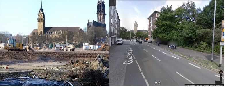 Links entsteht das neue Mercatorquartier. Rechts hat man keinen Blick auf die Slavatorkirche. Hier steht noch die Schule.