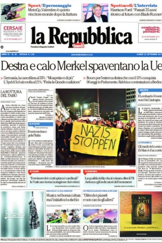 Die italienische Zeitung „La Repubblica“ sieht das Wahlergebnis im europäischen Kontext: „Die Rechte und der Abstieg Merkels erschrecken die EU“, heißt es auf der Titelseite der Montagsausgabe.