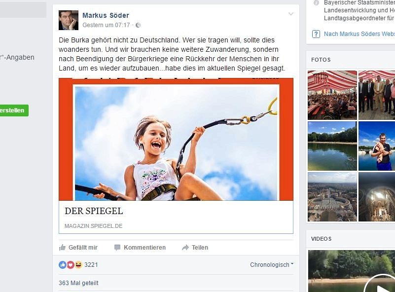 Auf seiner Facebook-Seite postet CSU-Politiker Markus Söder sein Statement gegen die Burka und einen Link zu seinem Interview mit dem „Spiegel“.