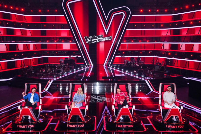 Die „The Voice of Germany“-Coaches 2021: Johannes Oerding, Sarah Connor, Nico Santos und Mark Forster (v.l.n.r.).