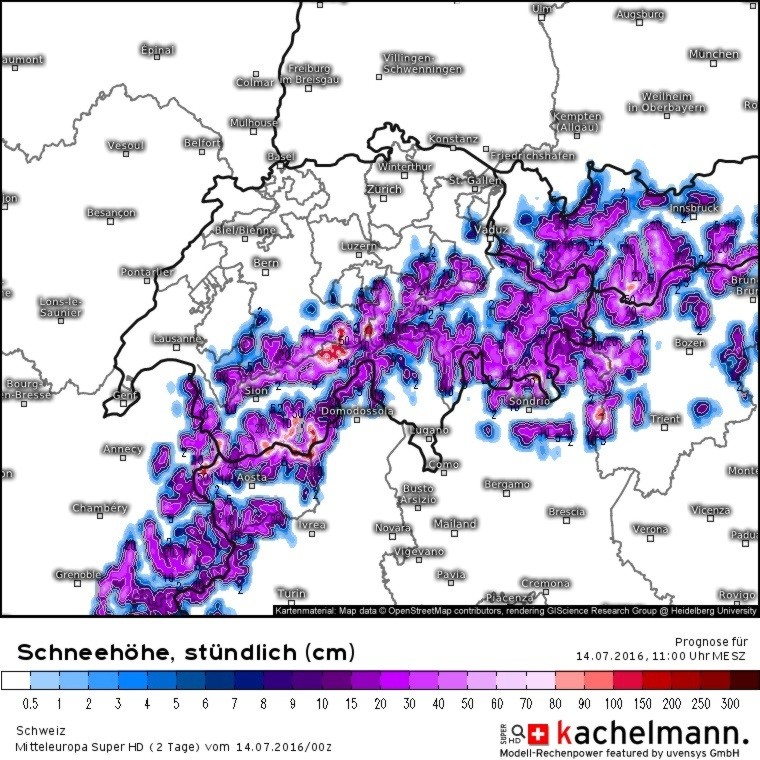 Eine Modellkarte zeigt die prognostizierten Schneehöhen in der Schweiz für den 14. Juli 2016 um 11 Uhr.