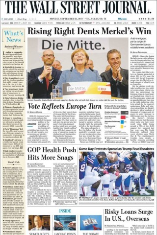Ähnlich sieht es das US-amerikanische „Wall Street Journal“: „Die aufstrebende Rechte schmälert Merkels Sieg“, heißt es auf der Titelseite.