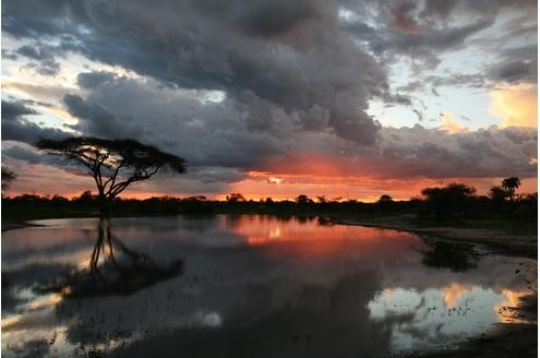Leserkalender 2011 Gewinner Motive April: Himmel über Afrika: Das Okavango-Delta in Botswana ist eingetaucht in ein beeindruckendes Abendrot. Das tierreiche Feuchtgebiet gilt als erster Ort der Sesshaftigkeit von Menschen im Süden des Kontinents. Foto: Alexa Kliefoth