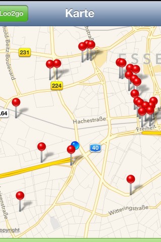 Screenshot: Die Smartphone-App "loo2go" zeigt an, wo sich in Essen Toiletten befinden, die für die Öffentlichkeit zugänglich sind. Bildausschnitt: Westliche Innenstadt. Screenshot vom 18. November 2013