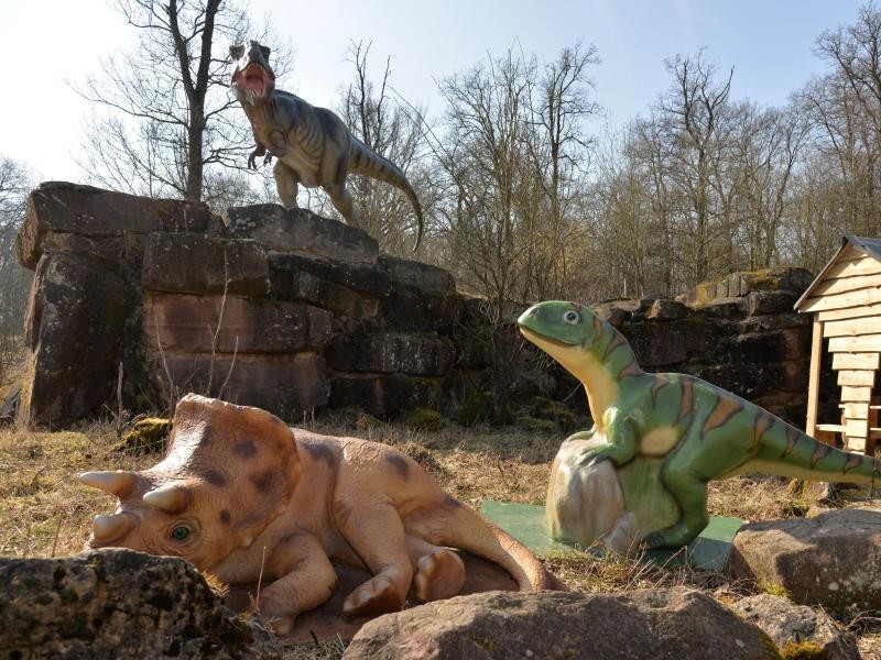 Die Dinosaurier-Modelle Triceratops-Baby (l), ein Spieldino für Kinder (r) und ein Tyrannosaurus Rex-Baby.