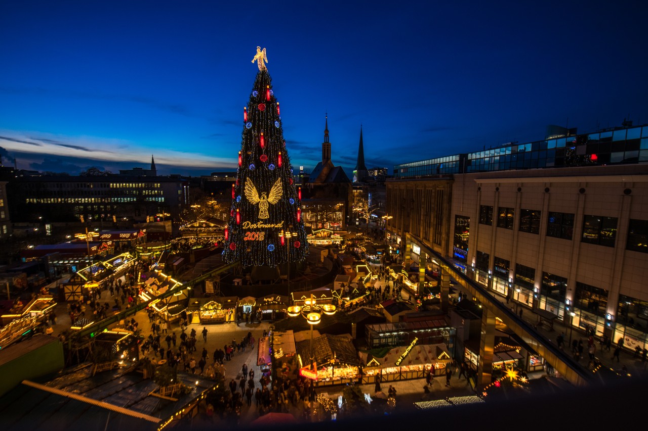 Der gewaltige Weihnachtsbaum beim Dortmunder Weihnachtsmarkt besteht aus hunderten Tannen. (Archivbild)