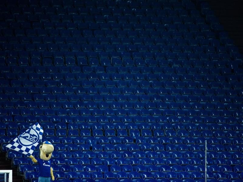 Fußball in Corona-Zeiten: Schalkes Maskottchen "Erwin" steht einsam auf einer sonst leeren Tribüne.