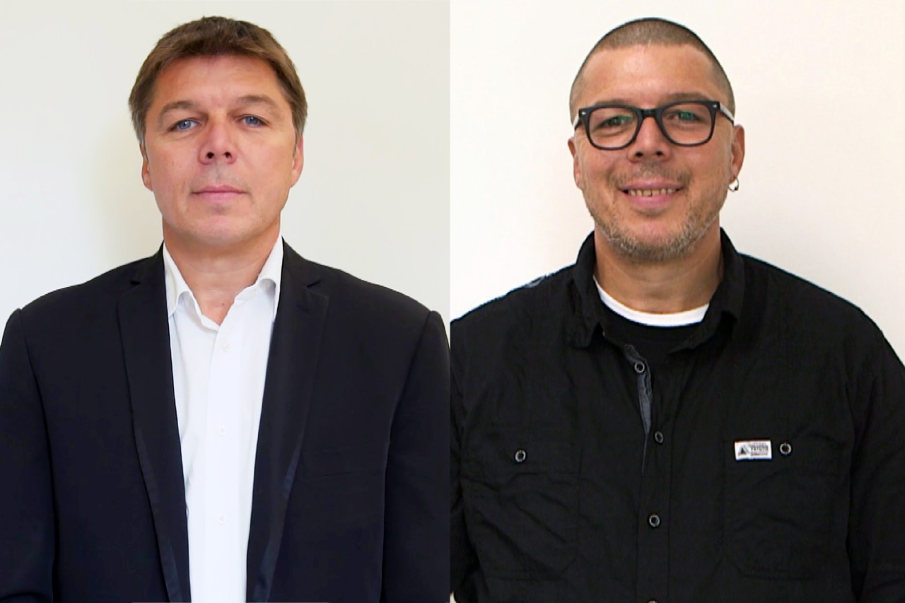 Maik Klokow, Geschäftsführer von „Mehr! Entertainment“ (links) verwandelt sich in Jörn Walther (rechts).