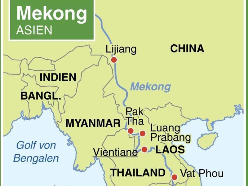 Der Mekong durchquert sechs Länder Südostasiens. Dabei passiert er auch das Goldene Dreieck, wo Thailand, Myanmar und Laos aneinandergrenzen.