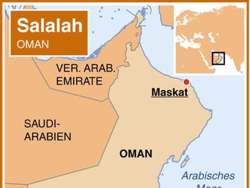 Salalah liegt im Süden des Oman. Eigentlich ist die arabische Halbinsel sehr trocken - doch für eine kurze Zeit im Sommer wird die Landschaft an der Küste grün. Karte: dpa-infografik