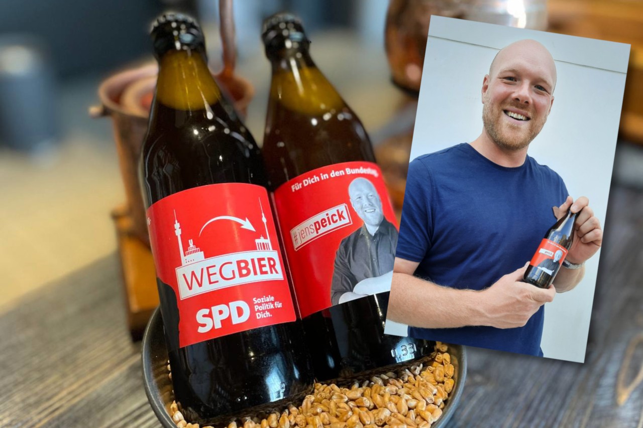 SPD-Kandidat Jens Peick und sein Wahlkampf-Bier. 