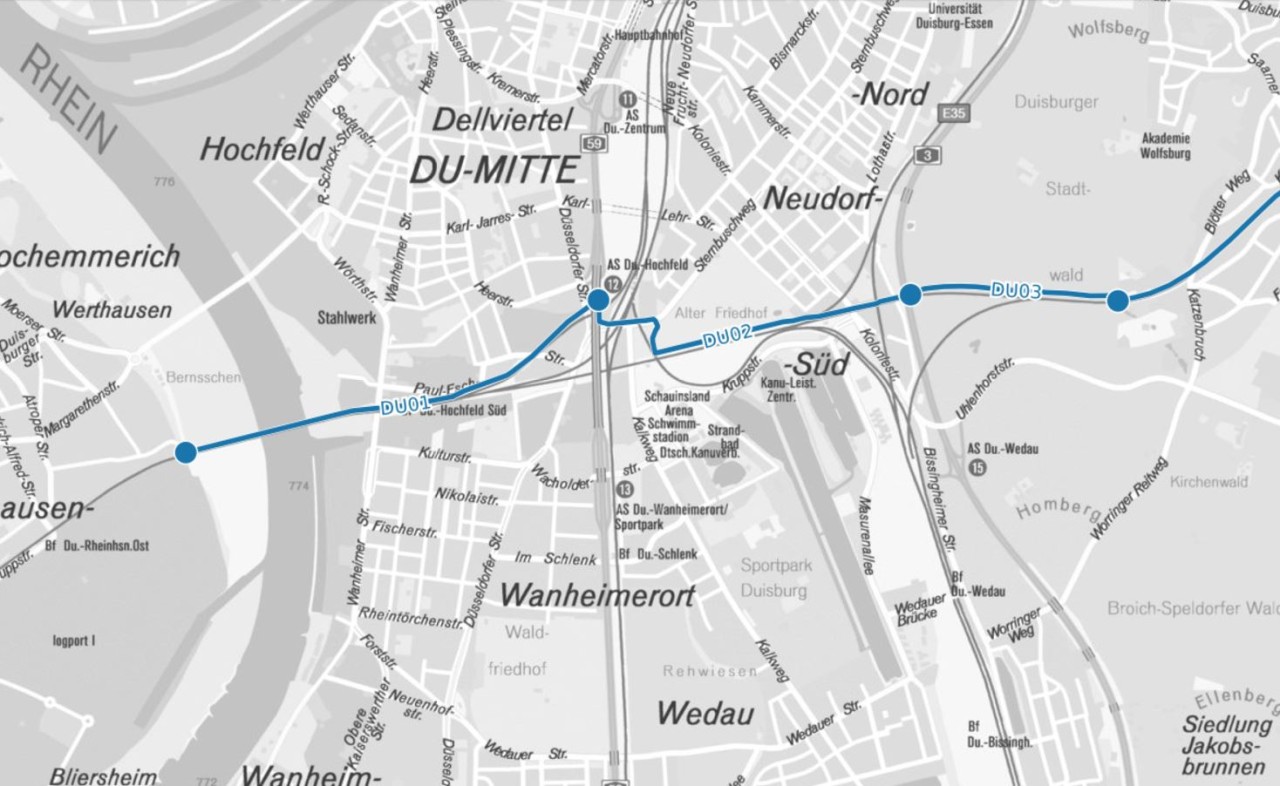 Auf dieser Strecke wird ab 2019 der Radschnellweg Ruhr durch Duisburg gebaut.