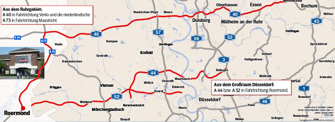 Auch wenn der Weg etwas weiter ist: Reisende aus dem Ruhrgebiet sollten Roermond an Feiertagen über die A40 und die A73 ansteuern, empfiehlt Straßen.NRW.