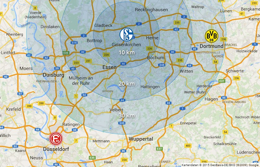 In dem blau markierten Bereich dürfen sich künftige Schalke-Profis niederlassen. Düsseldorf gehört nicht dazu.