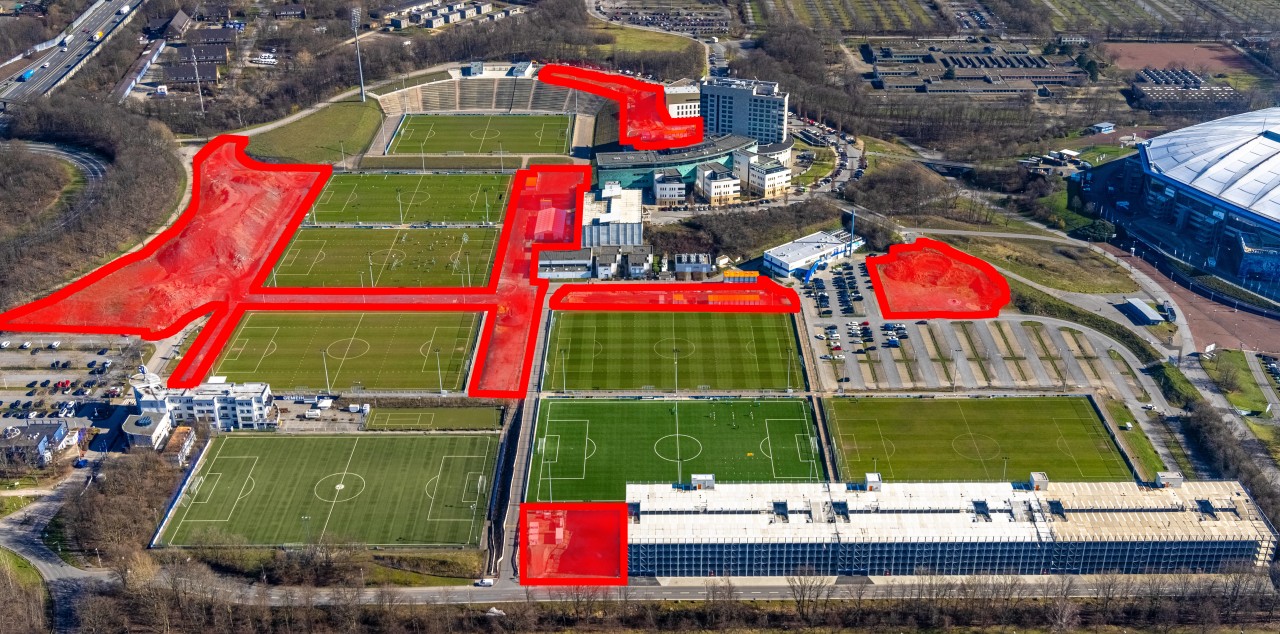 In diesem Zustand wird das Trainingszentrum des FC Schalke 04 vorerst bleiben. Rot markiert sind die noch offenen Baustellen.