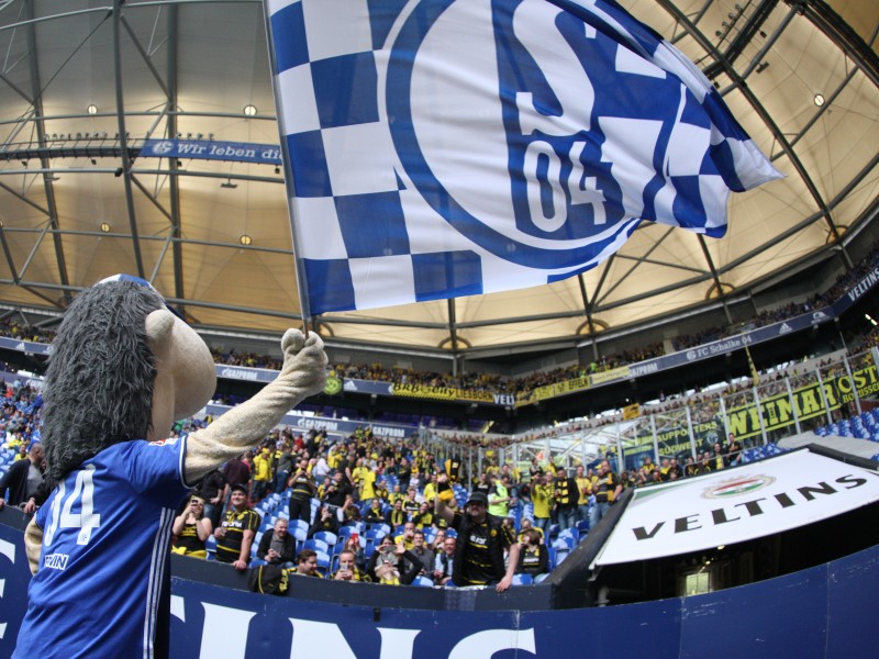 Derbytime auf Schalke: Vor Spielbeginn baut sich S04-Maskottchen Erwin vor dem Gäste-Block auf. Die Aktion kommt bei den BVB-Fans nicht so gut an.