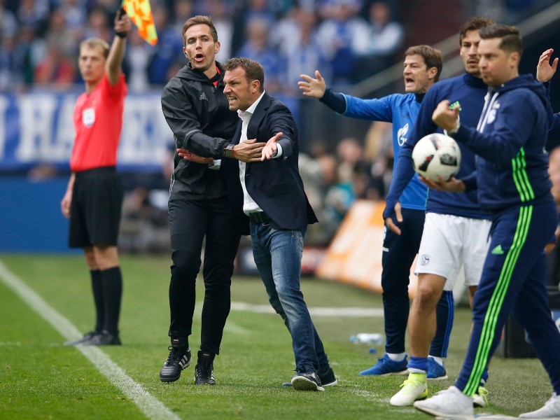 Hektik in den letzten Sekunden des Spiels: Markus Weinzierl forderte vehement einen Handelfmeter. Dafür schickten die Unparteiischen den Schalke-Trainer auf die Tribüne. Kurz danach endete das packende Derby mit 1:1.