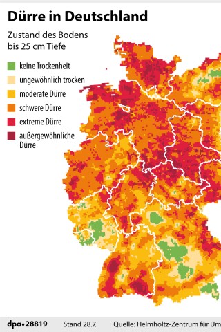 Die Karte zeigt, wie schwer die Regionen in Deutschland von der Hitzewelle betroffen sind.