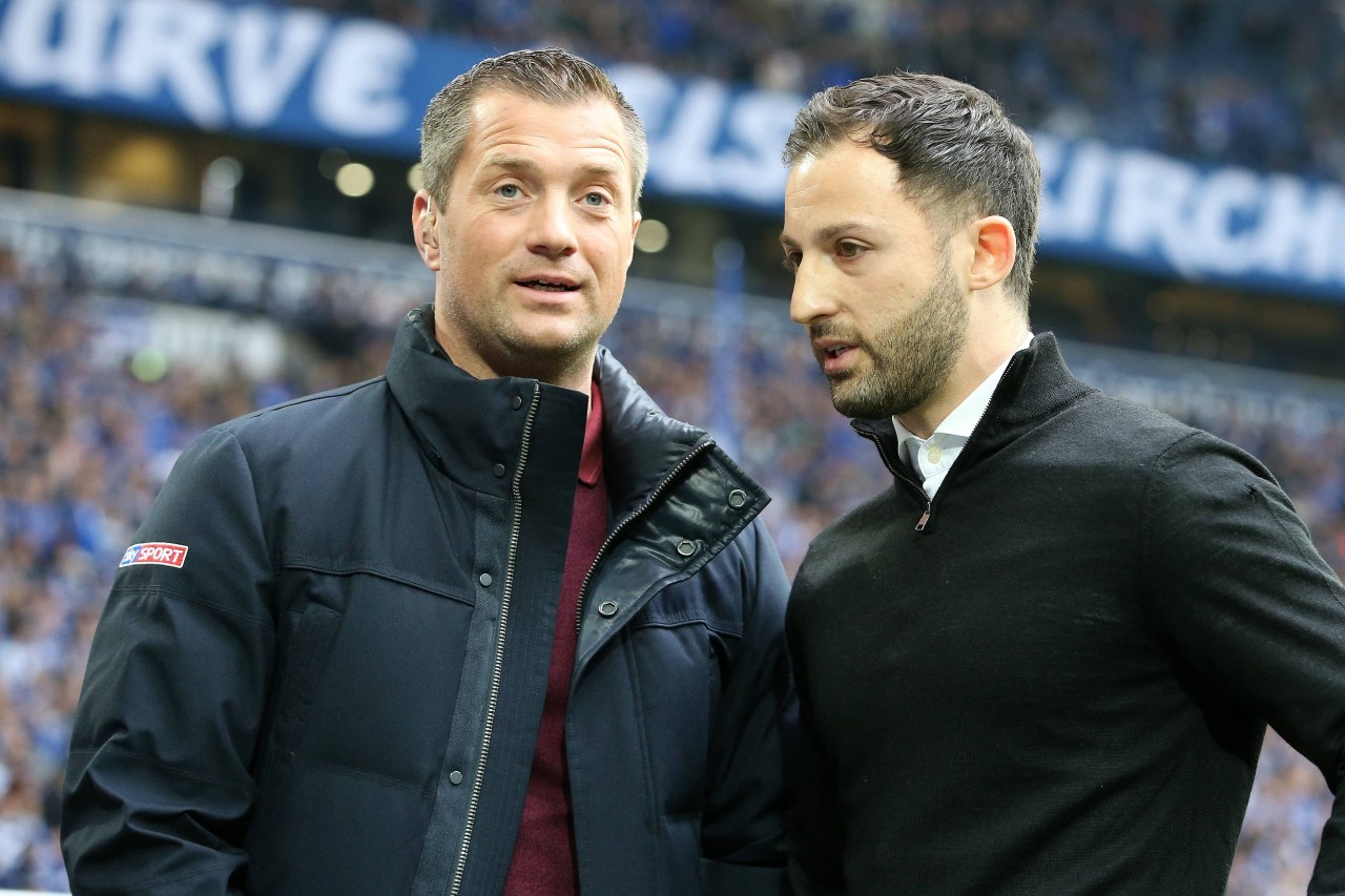 Dirk große Schlarmann ist seit vielen Jahren für Sky als Schalke-Reporter unterwegs. Hier mit Ex-Coach Domenico Tedesco.