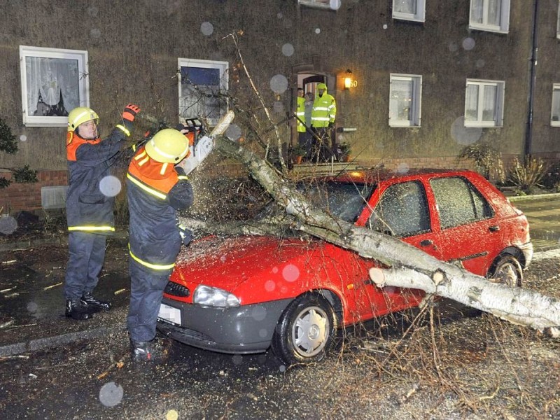 ...zersägt am Donnerstagmorgen einen Baum, der an der Leibnizstraße auf ein Auto gestürzt ist. In Essen-Kettwig...
