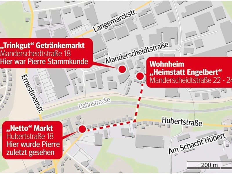 Unsere Grafik zeigt Pierres Umfeld in Essen-Frillendorf. Am 17. September wurde er gegen 19 Uhr zuletzt in dem Netto-Markt an der Hubertstraße gesehen.
