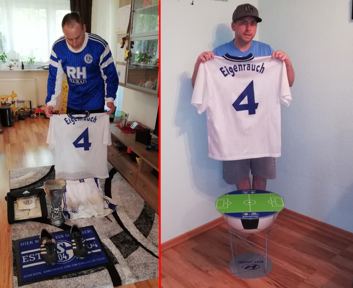 Schalke-Fan Harald Weibrich mit seiner sensationellen Eroberung. Und ja, den Taktiktisch hat er auch gekauft.