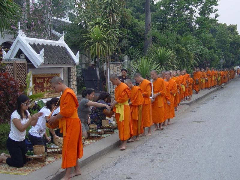 Eine Prozession der Bettelmönche bekommen Reisende in Luang Prabang zu sehen. Die alte Königsstadt liegt in Laos.