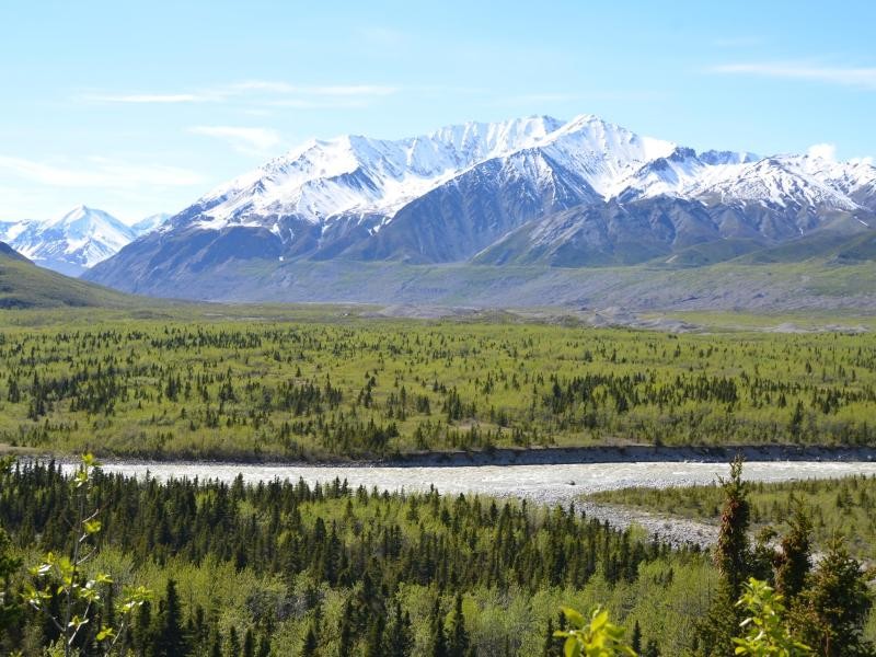 Einsame Weiten: Ein Fluss schlängelt sich durch die Berglandschaft in der Nähe von Delta Junction in Alaska.