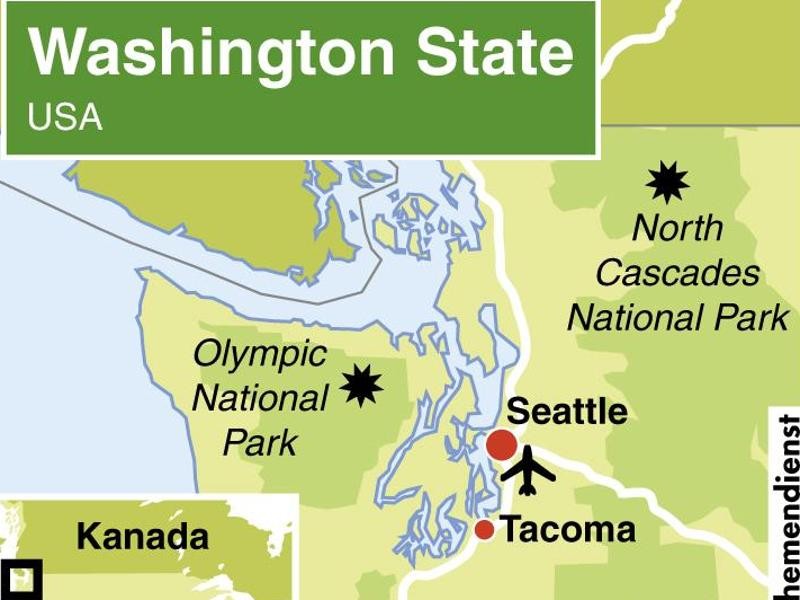 Drei Naturparadiese im US-Bundesstaat Washington: Von Seattle aus sind die Nationalparks Mount Rainier, Olympic und North Cascades schnell erreichbar. Grafik: dpa-infocom