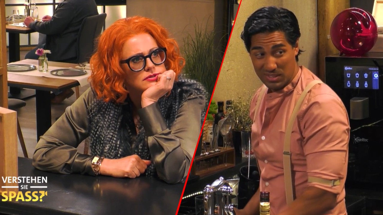 Als vermeintliche „First Dates“-Kandidatin bringt Barbara Schöneberger (l.) den Barkeeper Nic (r.) in Bedrängnis.