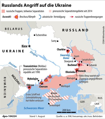Die Frontlinie in der Ukraine nach dem Überfall der Russen. 