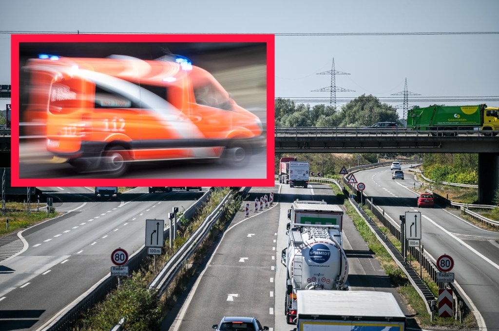 Collage aus dem Bild eines herbeirasenden orangenen Rettungswagends und einem Foto der A42.