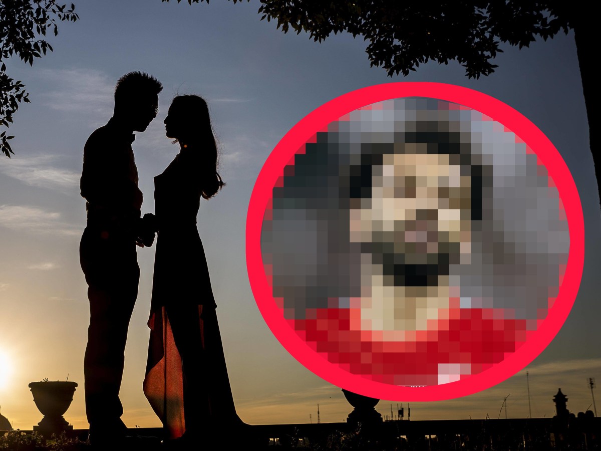 Hochzeitspaar posiert fÃ¼r Foto. Runder Bildausschnitt mit dem Gesicht von Mo Saleh.
