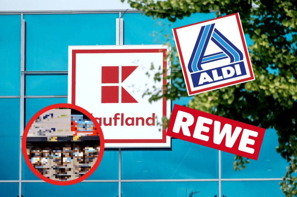 Die Logos von Kaufland, Aldi und Rewe prangen am blauem Hintergrund.
