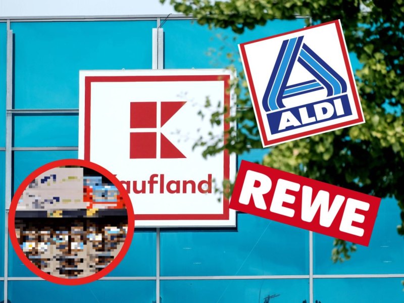 Die Logos von Kaufland, Aldi und Rewe prangen am blauem Hintergrund.