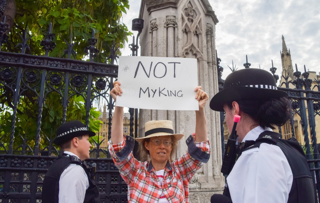 Eine Monarchie-Gegnerin demonstriert vor dem Parlament.